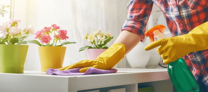 Weekly house cleaning service by professional cleaners in a cozy living room